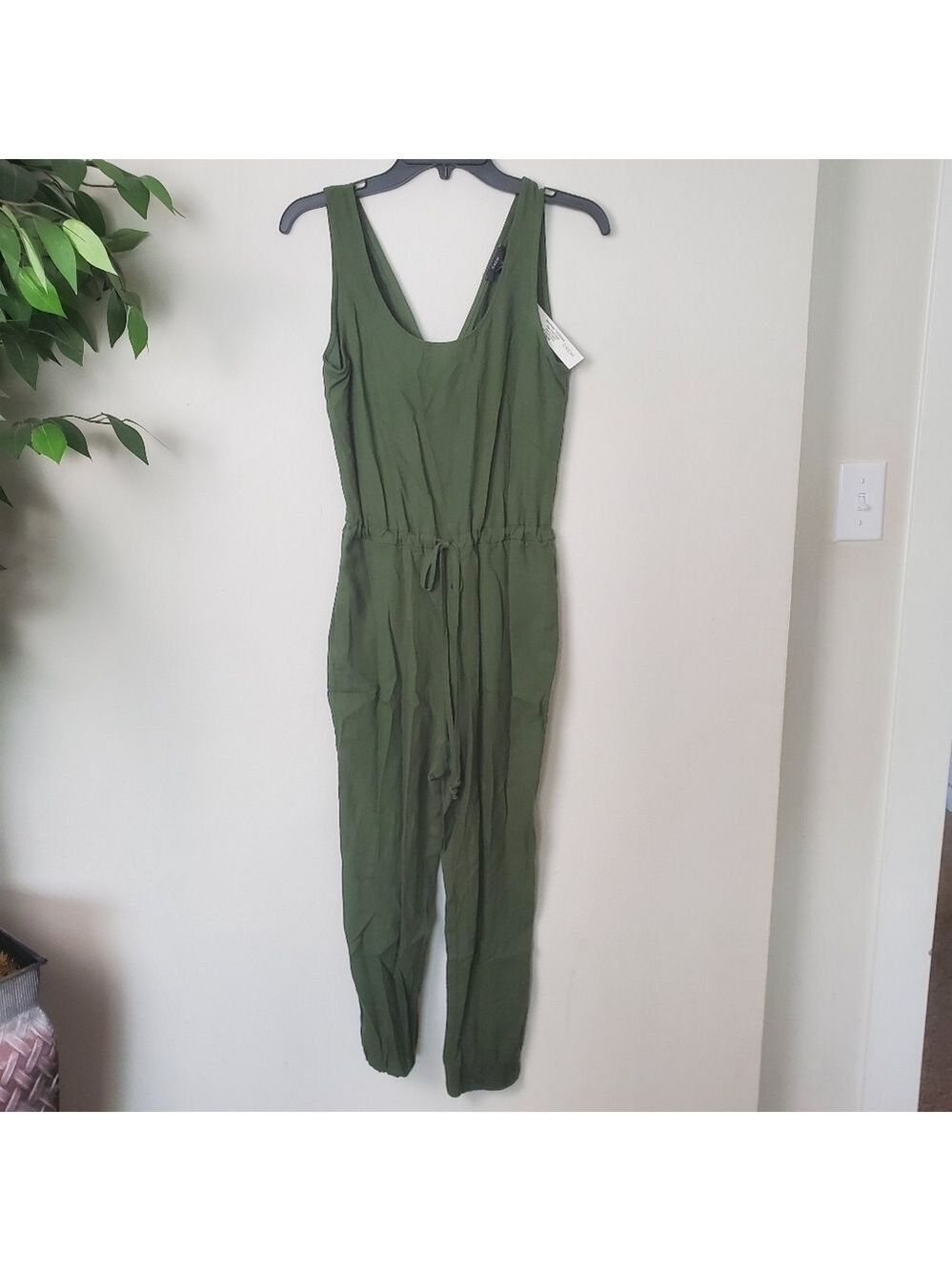 Drew Linen Jumpsuit Olive Green Womens Extra Small Sleeveless Jogger